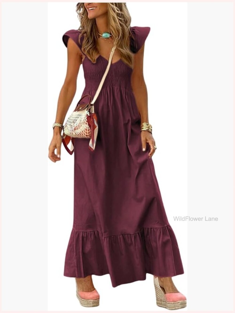 Cap Sleeve Smocked Maxi Dress Summer Beach A Line Dress